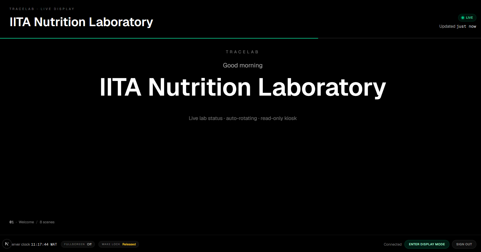 A read-only, auto-rotating lab status board.